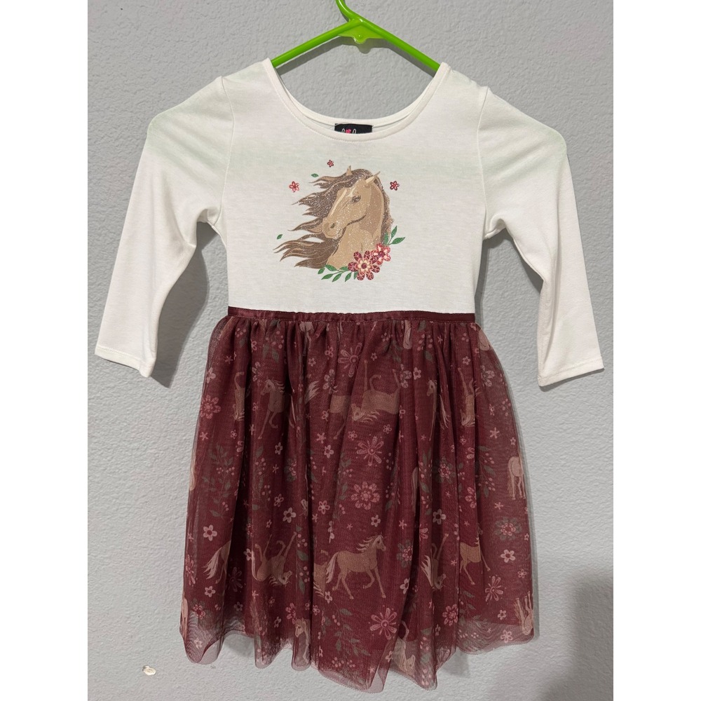 Lilt Kids Girls White Long Sleeve Horse Floral Burgundy‎ Tulle Tutu Dress Size 5